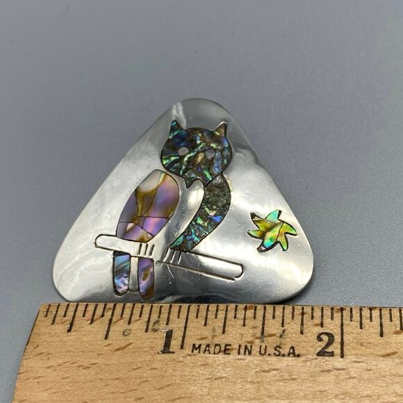 Sterling silver Abalone inlaid Owl‎ Pendant  Brooch Signed Taxco Vintage - Picture 5 of 7